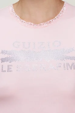 GUIZIO Bedazzled Lace Trim Tee- Tees|Tops