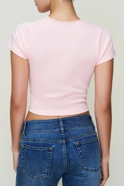 GUIZIO Bedazzled Lace Trim Tee- Tees|Tops
