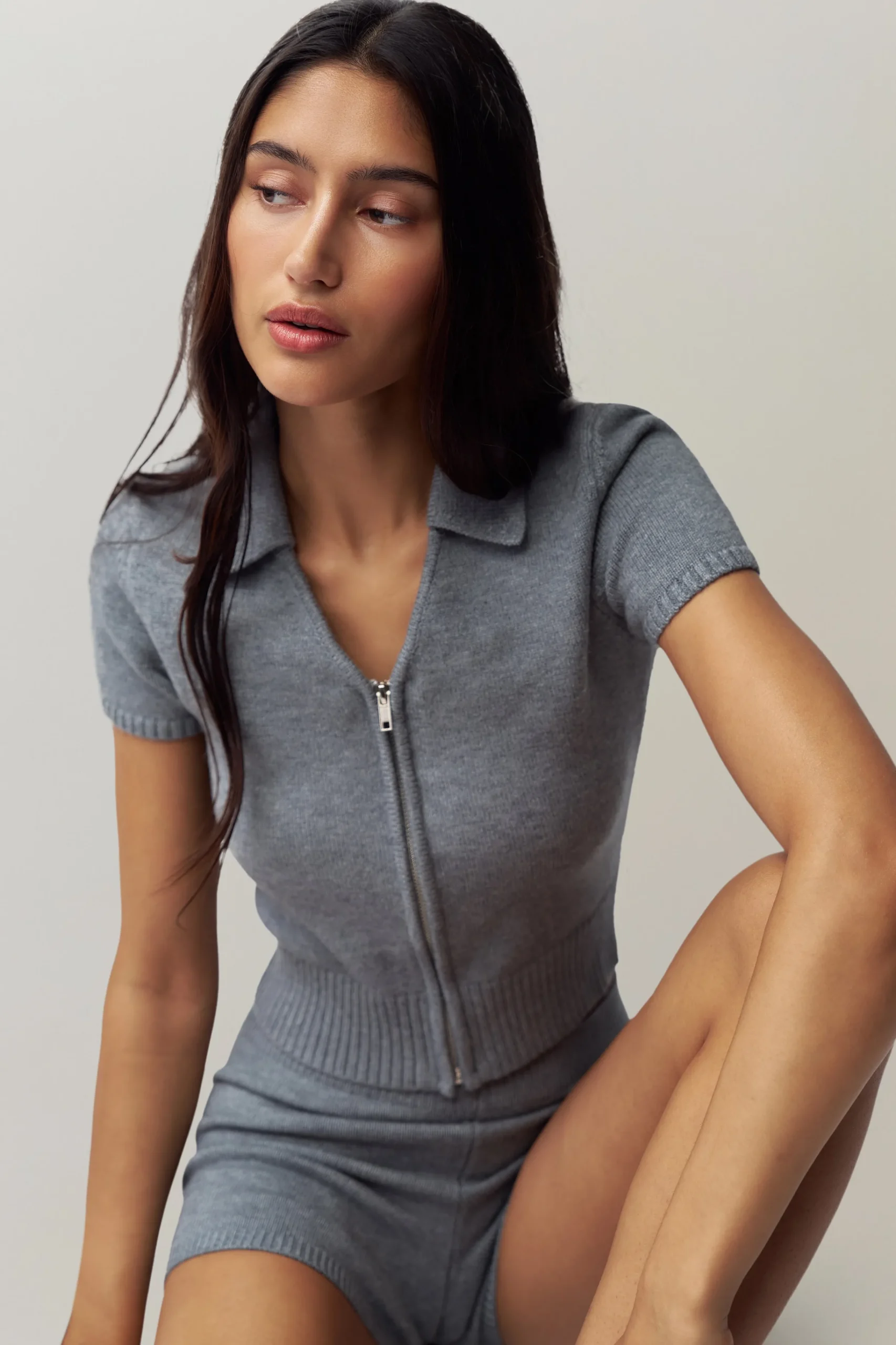 GUIZIO Calesia Zip Up Top- Short Sleeve Tops|Knitwear