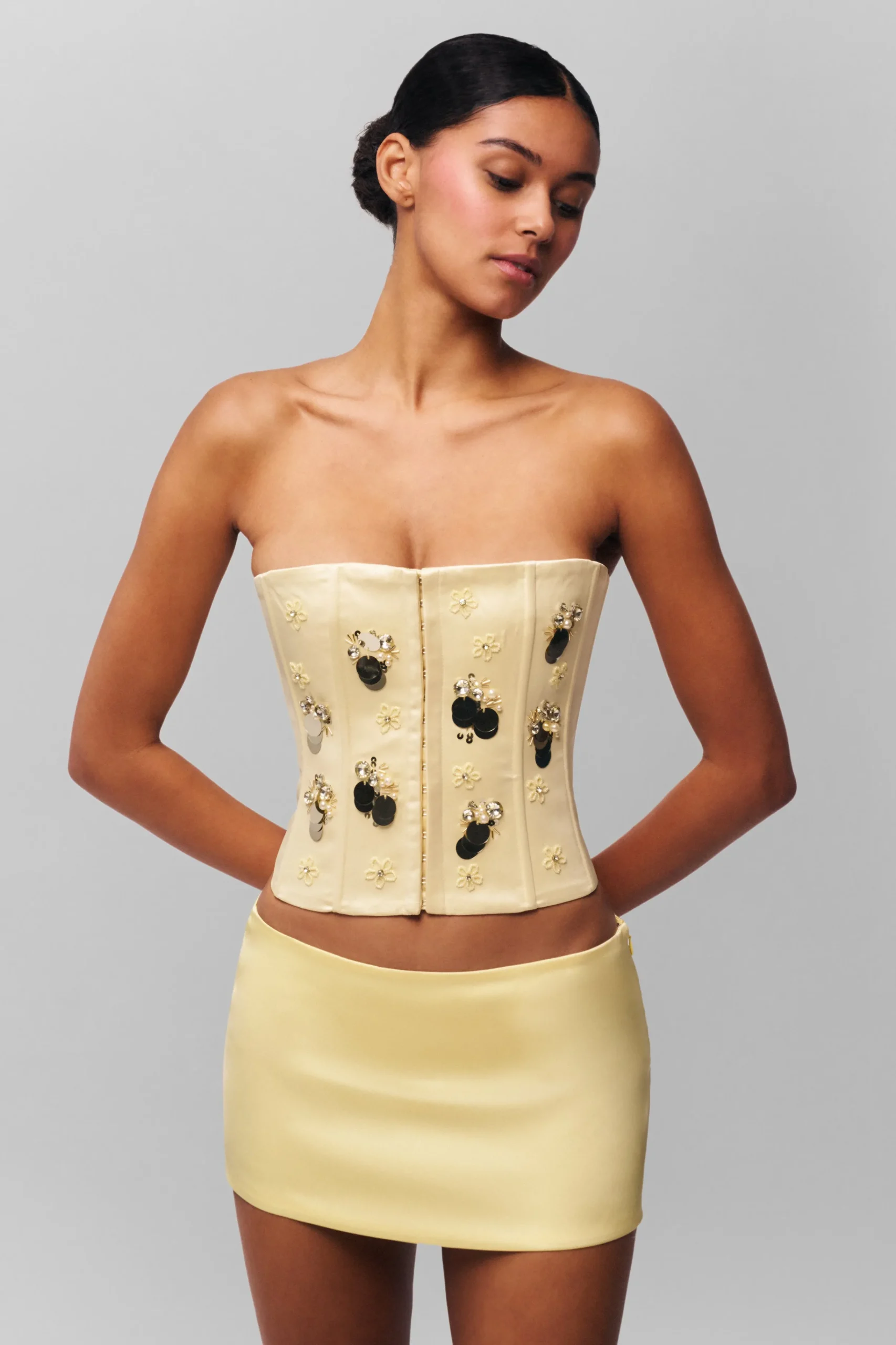 GUIZIO Embellished Satin Corset- Corsets|Corsets