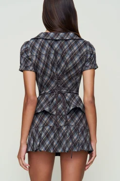 GUIZIO Lia Buttondown Diamond Tartan Corset- Short Sleeve Tops|Tops