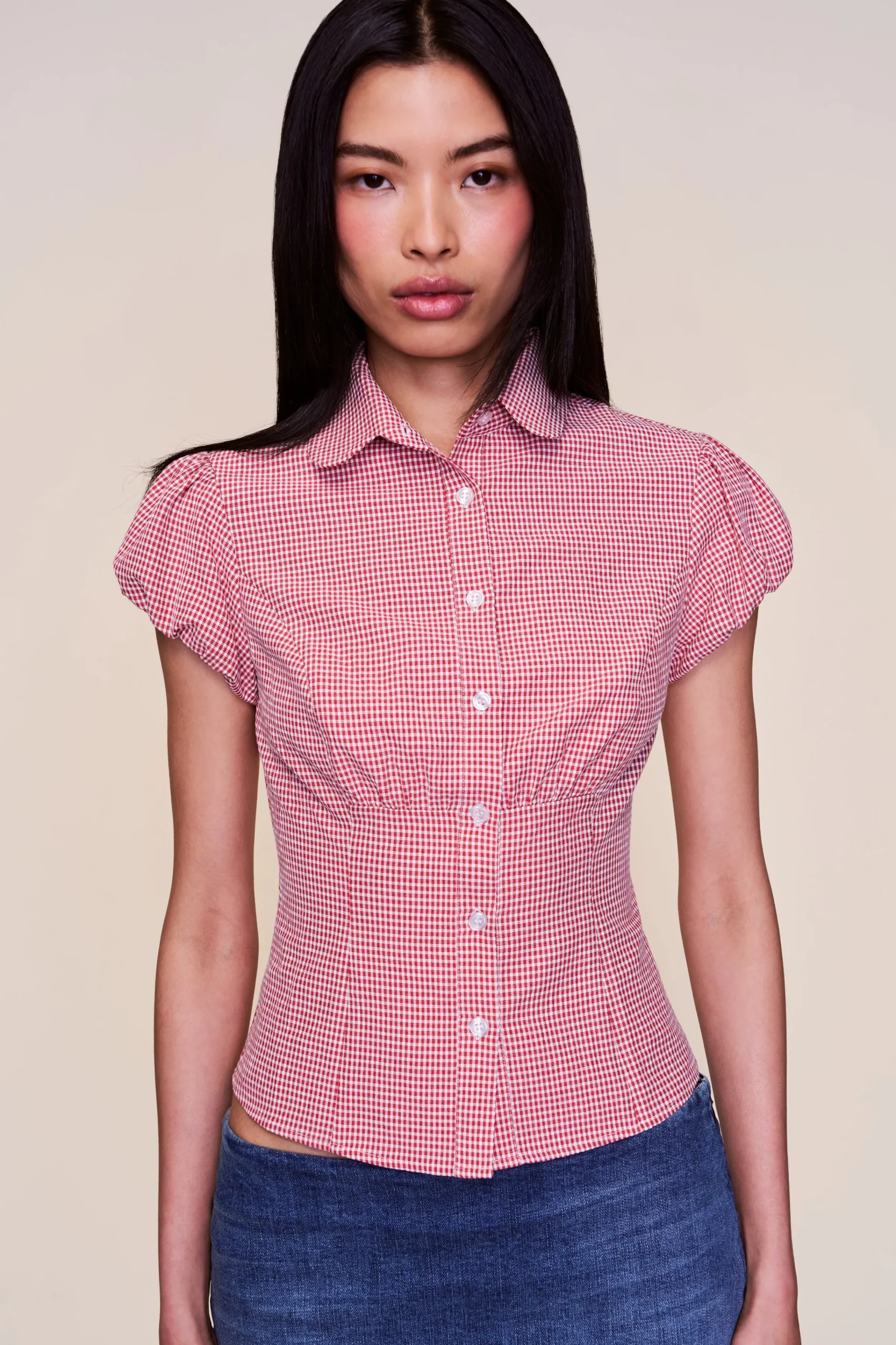 GUIZIO Liana Gingham Top- Short Sleeve Tops|Tops