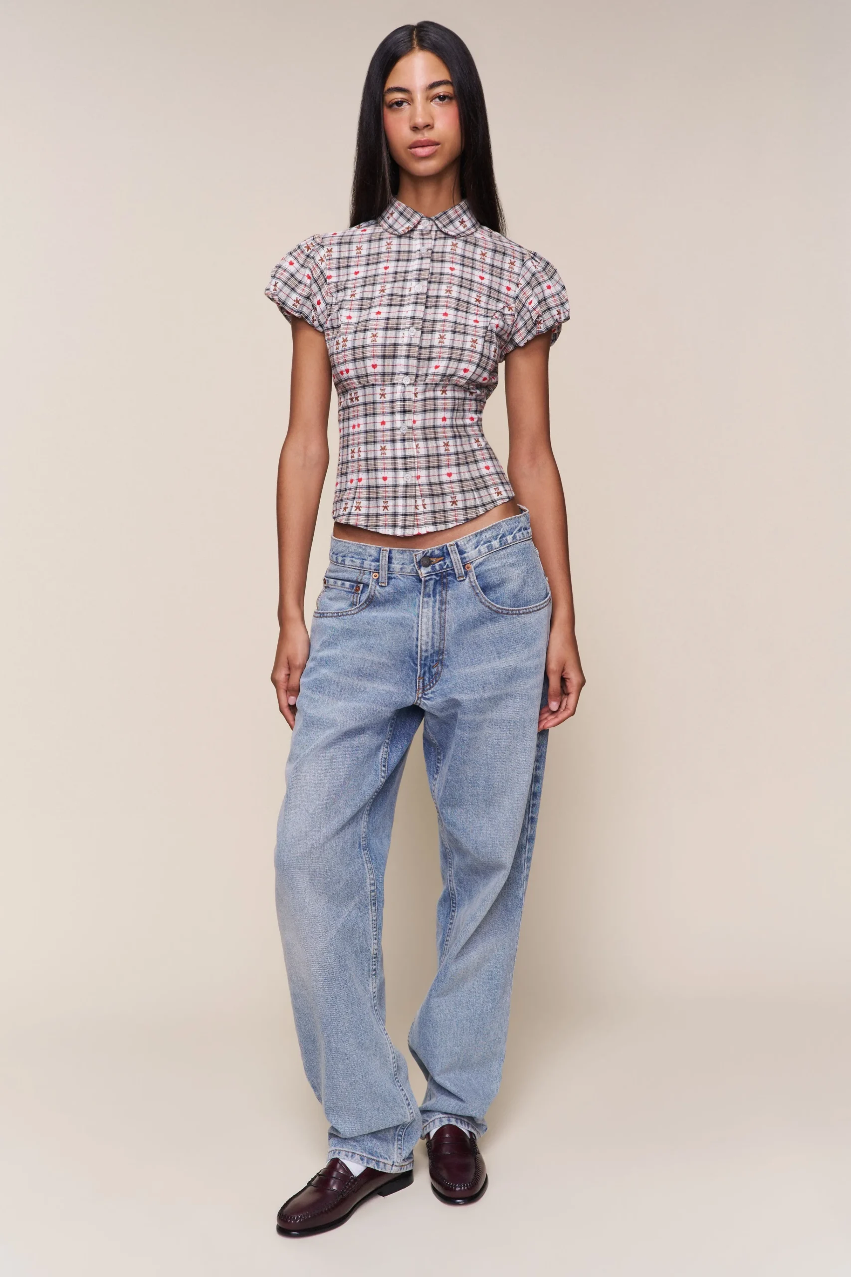 GUIZIO Liana Plaid Top- Short Sleeve Tops|Tops