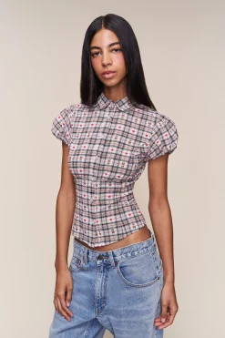 GUIZIO Liana Plaid Top- Short Sleeve Tops|Tops