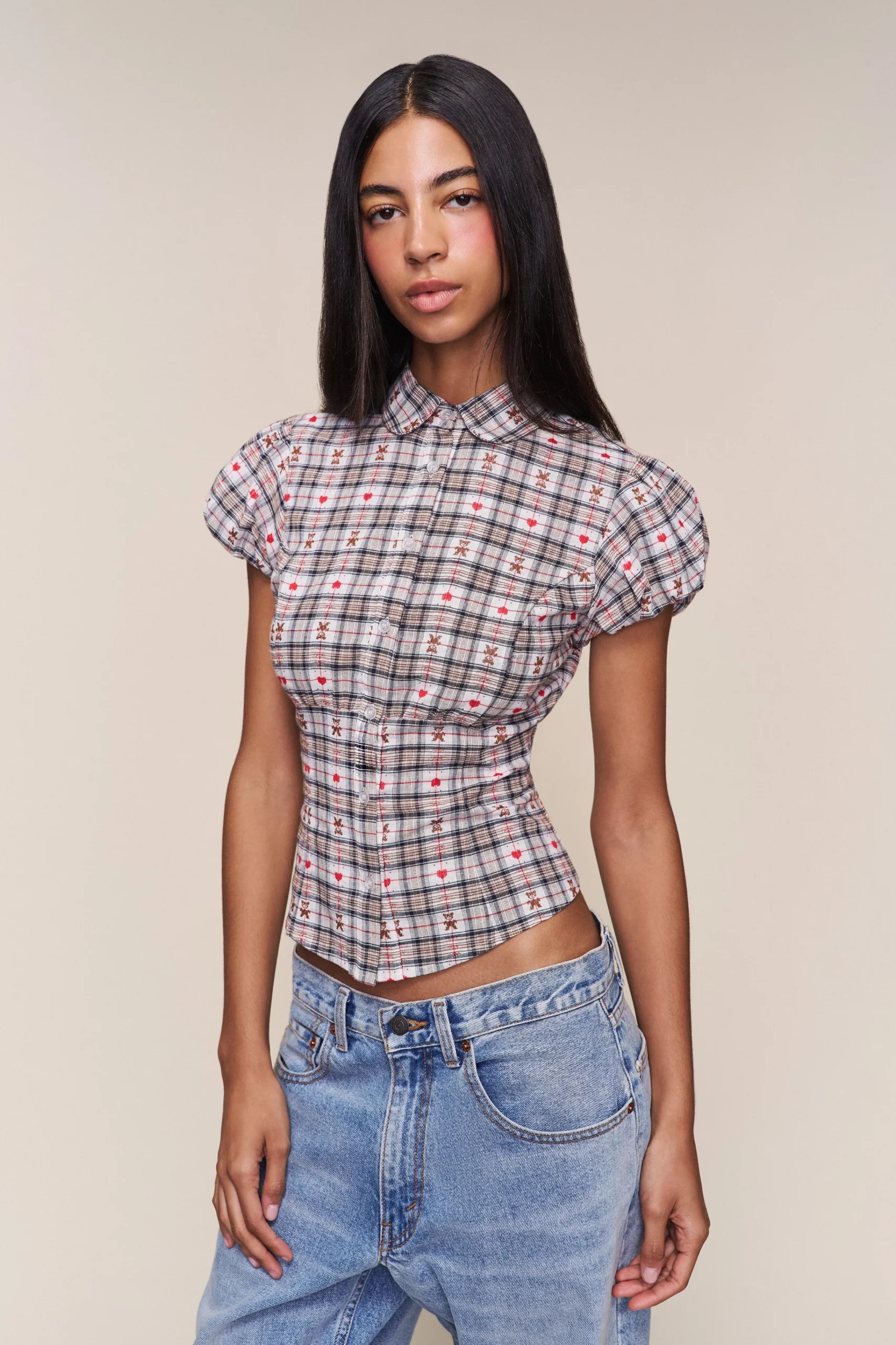 GUIZIO Liana Plaid Top- Short Sleeve Tops|Tops