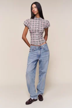 GUIZIO Liana Plaid Top- Short Sleeve Tops|Tops