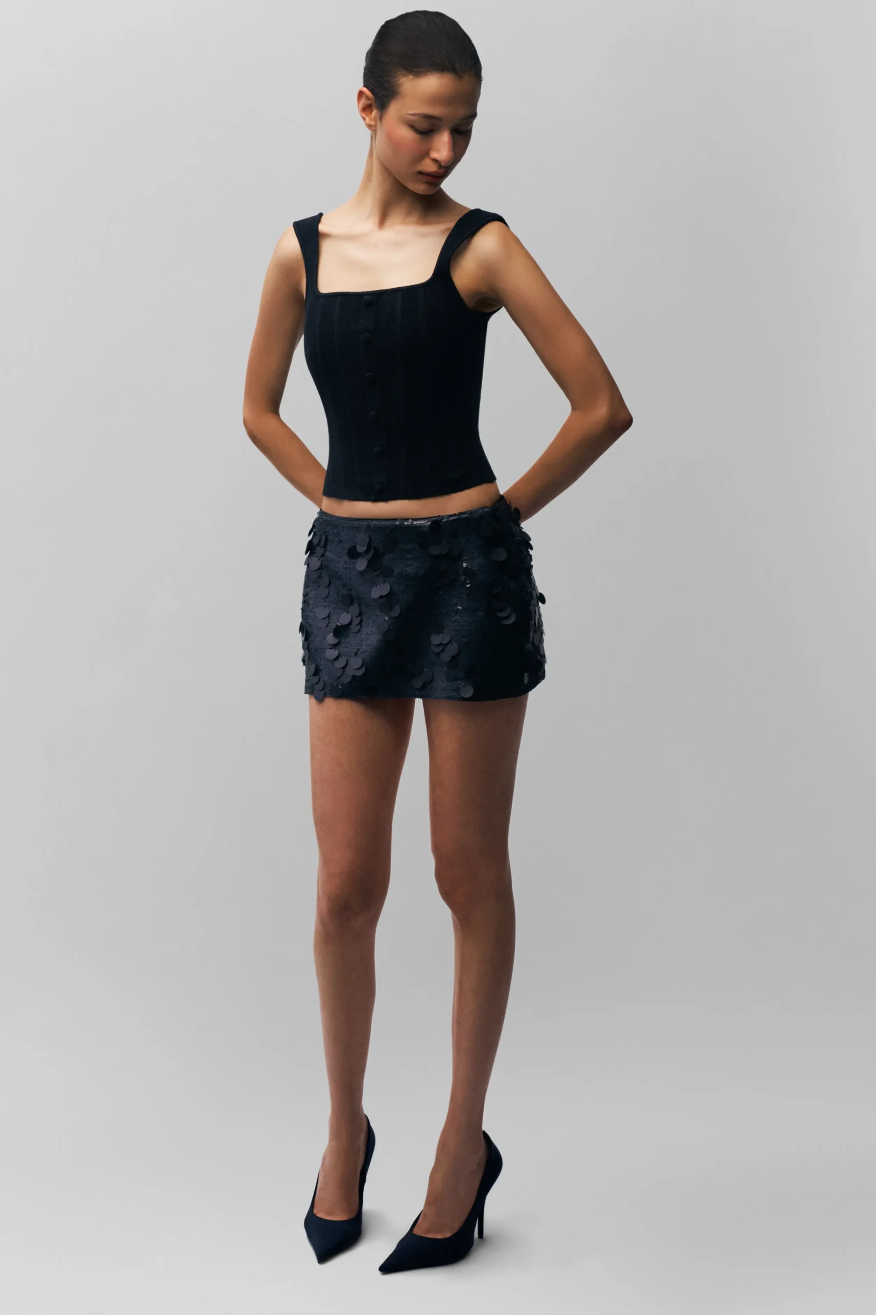 GUIZIO Low Rise Paillette Skirt- Mini Skirts|Skirts