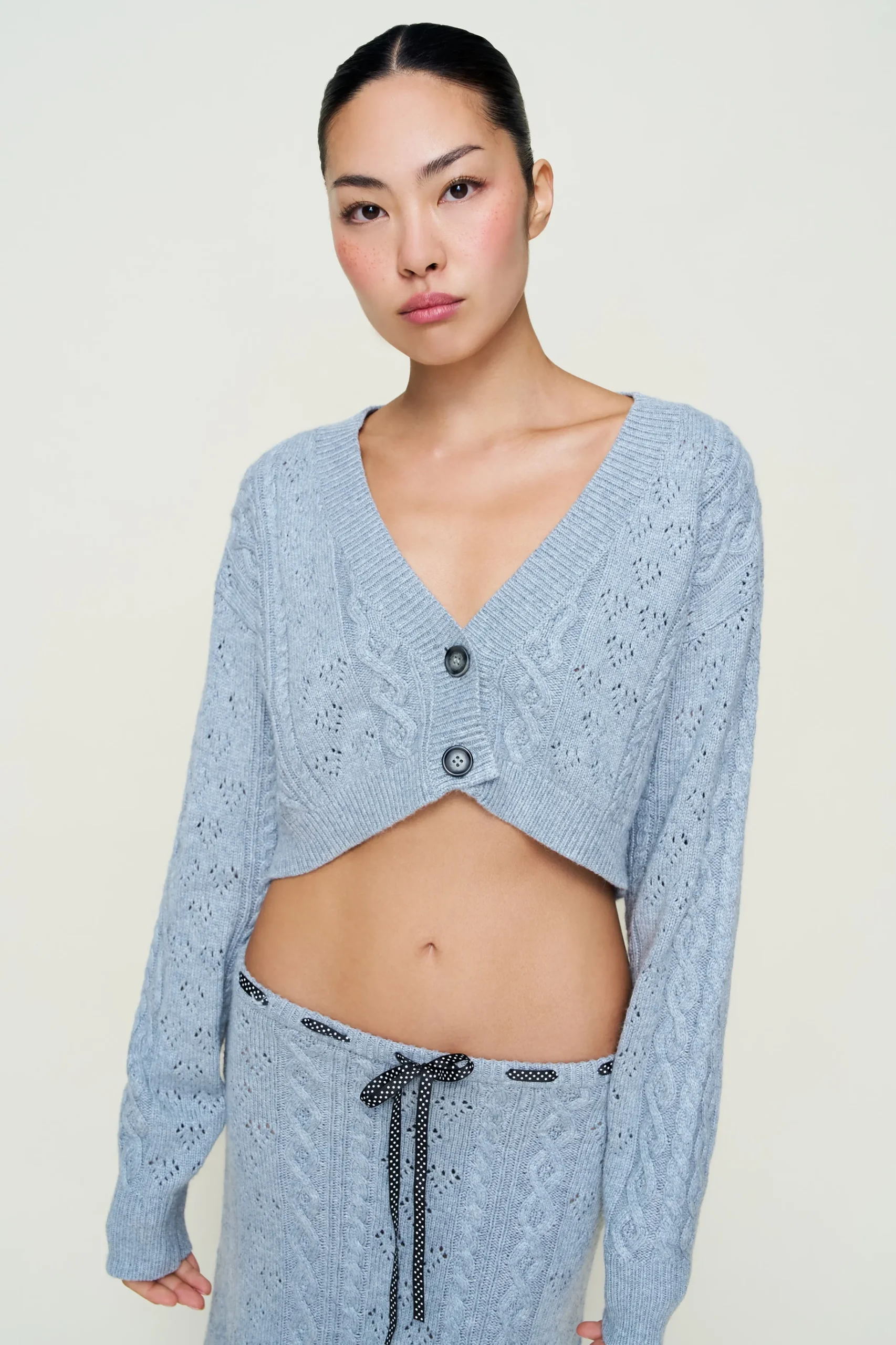GUIZIO Noah Wool Cable Crop Cardigan- Sweaters