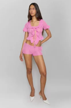 GUIZIO Ruffle Knit Tie Top- Short Sleeve Tops|Knitwear