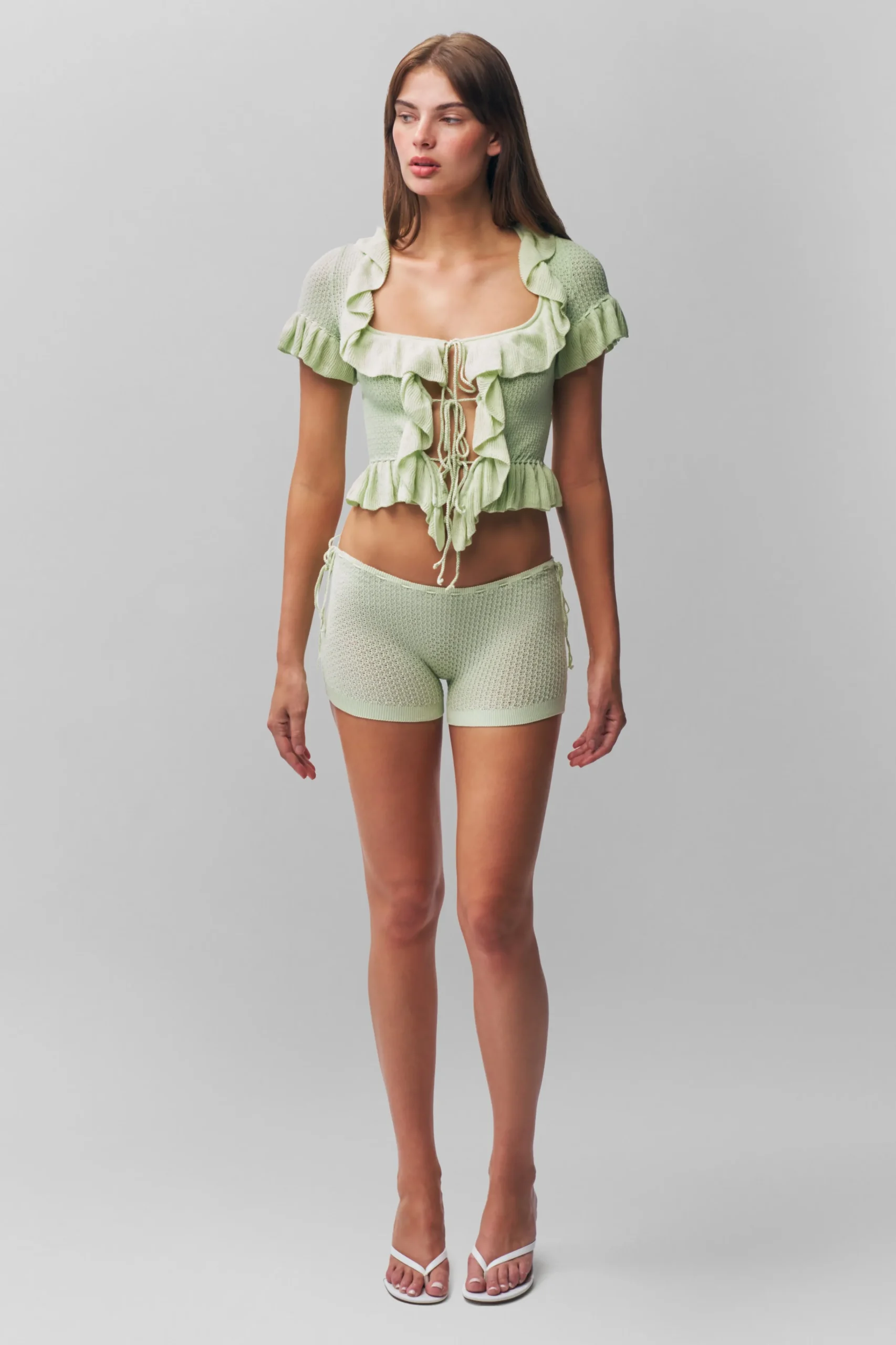 GUIZIO Ruffle Knit Tie Top- Short Sleeve Tops|Knitwear